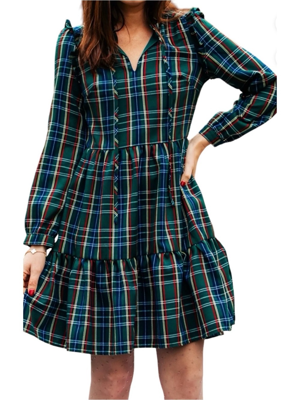 Kiel James Patrick Evelyn Plaid Ruffle Tiered Dress Green Large - Picture 10 of 10